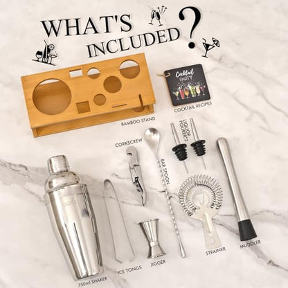 Bartender Kit Cocktail Shaker Set with Stand Bar Tool Bar Set for Drink Mixing Home Bartending Kit 11-Piece Bar Cart Accessories: Martini Shaker, Mixer Spoon, Jigger, Muddler, Strainer & Recipes Gifts - color: Burlywood Silver - 11pcs