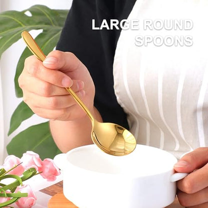 Round Stainless Steel Bouillon Spoons Soup Spoon, Gold Stainless Steel Large, Heavy-Weight Deep Bowl Spoon Set, Dinner Metal Spoons Set Grain Dessert Milk, Set of 4 - size: 4 pcs Gold