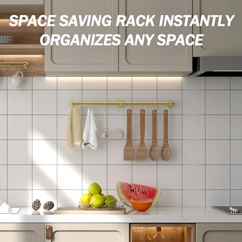 ROTHLEY Stainless Steel Hanging Pot Rack Hanger: 23.7 Inch Brass Pot and Pan Hanger Wall Mounted Hanging Pot Bar Rack Heavy Duty Pot Hangers Kitchen Rail with 8 S Hooks - color: Brass, size: 23.7 inch