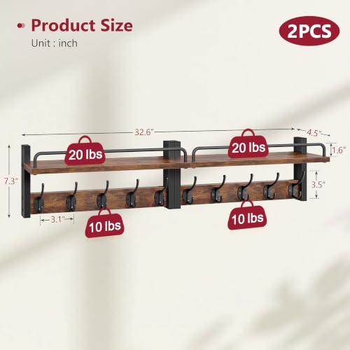 32.6"(16.3"*2) Wall Hooks with Shelf and Guardrail, Rustic Brown | Wall Coat Rack with 5 Hooks, Entryway Wall Coat Rack with Shelf, Coat Rack Wall Mount for Living Room, Bedroom, Kitchen - size: 32.6 Inch Long