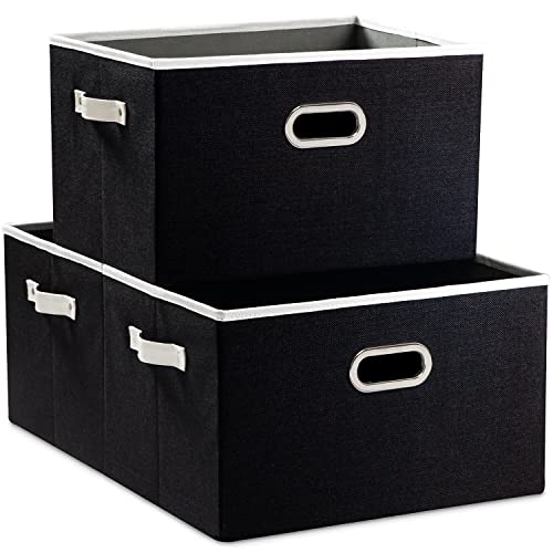 Larger Collapsible Storage Bins for Closet [3-pack] Decorative Linen Fabric Storage Baskets Cubes with Leather/Metal Handles for Living Room Black (17.3x12.2x10.4 Inch) - color: Black, size: Jumbo(3-Pack)
