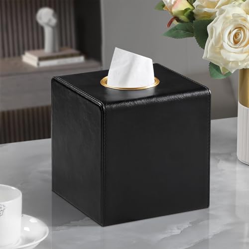 Square Tissue Box Cover with Magnetic Closure, Black | Luxury PU Leather Tissue Holder with Gold Tone Metal Opening, Fits All Standard Cube Tissue Boxes - color: Black