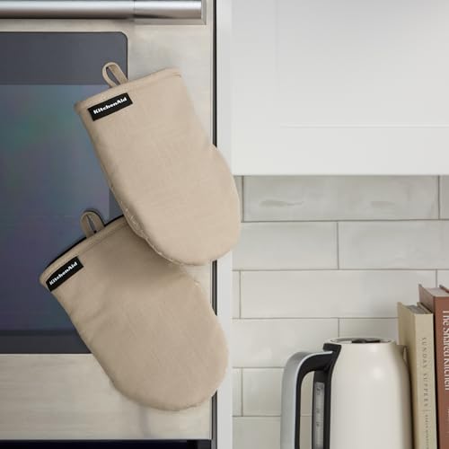 KITCHENAID Gourmet Series Gridlines Mini Oven Mitts 2-Pack Set, Heat Resistant up to 600°F, Soft Silicone Grip, Magnetic Cuff, Milkshake Tan, 5.5"x9" - color: Milkshake Tan