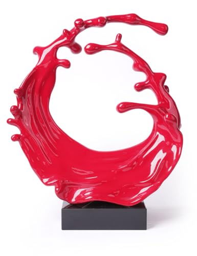Abstract Sculpture Ocean Wave Statue Modern Home Decor 16.5 Inch | Gloss Red Resin Figurine with Black Base Handmade Gift Table Centerpiece Art for Family Friend Lovers - color: Red