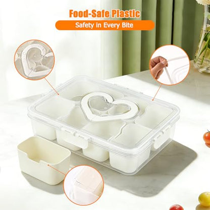 Snackle Box Container Portable - Large 8-Compartment Divided Serving Tray with Lid and Handle, Grab and Go Snack Containers Reusable for Travel and Outdoor Camping, Leak-Proof, BPA-Free