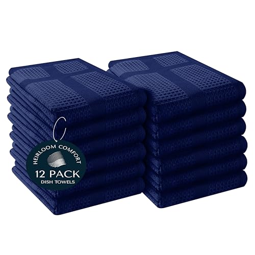 12 Pack Blue Waffle Weave Kitchen Towels, 16x26 Inches, 100% Cotton Dishcloth Set, Super Absorbent, Quick Dry, Soft Hand Towels for Drying Dishes, Cleaning, Durable, Indigo Blue - color: Indigo Blue, style: 12 Pack