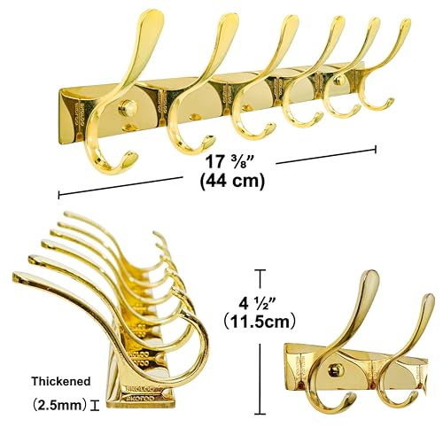 SKOLOO Heavy Duty Wall Mounted Coat Rack - 6 Hooks, Stainless Steel, Sturdy Coat Hooks for Hanging Coats, Jacket, Clothes, Hat, Bright Gold - color: Bright Gold, size: 6 Hook(1 Pack)