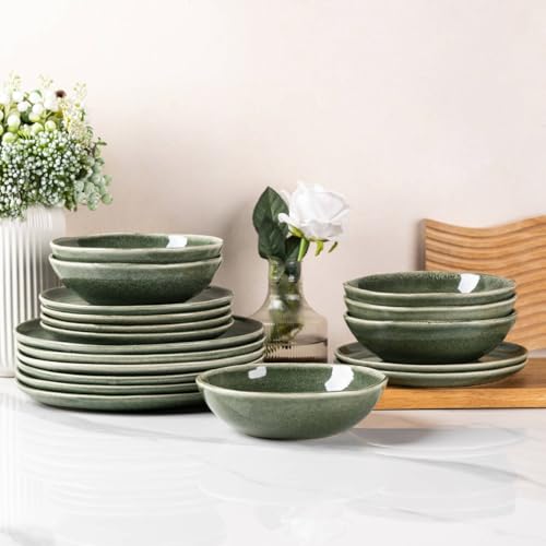 AmorArc Ceramic Dinnerware Sets for 8, 24Pcs Plates and Bowls Sets Dishes | Stoneware Handmade Reactive Glaze Dinner Set, Highly Scratch Resistant | Dishwasher & Microwave Safe Dishware - color: Jade Green, size: Service for 8