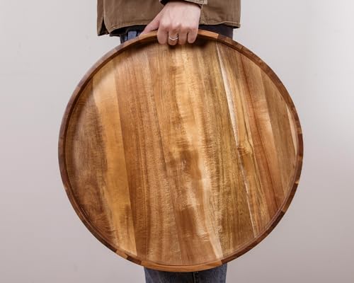 Large Ottoman Tray, 22" Big Ottoman Tray for Living Room, Large Serving Tray with Handles for Coffee Table Kitchen Counter,Great Round Wooden Trays with 4 Round Coasters for Appetizers, Dinner - color: 22" Round Tray W/ 4-coasters - Acacia