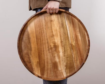 Large Ottoman Tray, 22" Big Ottoman Tray for Living Room, Large Serving Tray with Handles for Coffee Table Kitchen Counter,Great Round Wooden Trays with 4 Round Coasters for Appetizers, Dinner - color: 22" Round Tray W/ 4-coasters - Acacia
