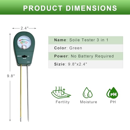 Powboro 3-in-1 Soil Tester Kit – Moisture/pH/Fertility Meter for Garden, Lawn, Potted Plants No Battery Needed Indoor/Outdoor Soil Test Kit