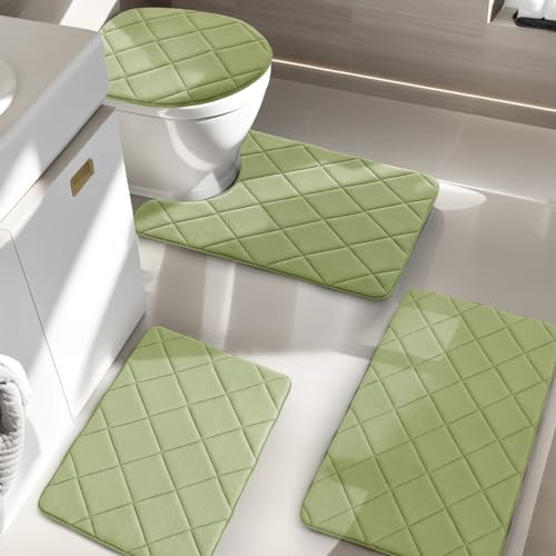 Memory Foam Bathroom Rugs, Non Slip Bathroom Rug Sets 4 Piece, Machine Wash Bathroom Mat Set, Water Absorbent Bath Mat for Toilet and Floor (Green) - color: Green, size: 4 pieces