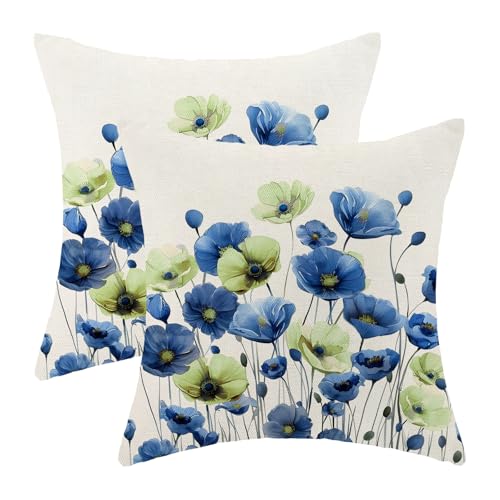Spring Floral Pillow Covers 18x18 Set of 2 Blue Green Flower Decorative Throw Pillow Covers Decoration Summer Seasonal Pillowcase Farmhouse Decorative Cushion Cover For Couch Sofa Outdoor Decor - color: Flower-a, size: 18" x 18" (Pack of 2)