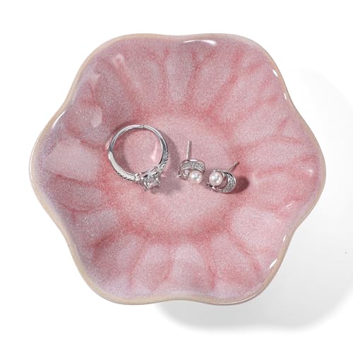 Pink Lotus Leaf Shape Ring Jewelry Dish Holder,Small Trinket Jewelry Tray,Decorative Jewelry Plate Bowl,Key Bowl,Mothers Day Birthday Engegament Gifts for Women Friends,Ceramic - color: Lotus Pink