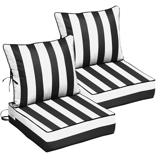 22x24 Outdoor Chair Cushions Set of 2, Waterproof Deep Seat Cushions for Patio Furniture with Removable Cover, Fade Resistant 4'' Outdoor Seat Cushion w/Ties&Handle for Sofa Loveseat,Black Striped - color: Black White Stripes, size: 22x24x4in-2Set