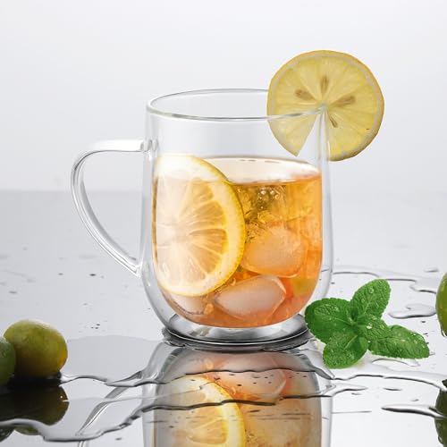 Joeyan Large Clear Double Walled Glass Coffee Mugs 15 oz, Double Layer Tea Latte Cappuccino Cups with Handle, Double Lined Insulated High Borosilicate Glassware for Milk and Hot Beverages, Set of 2 - color: 400ml-Clear with handle