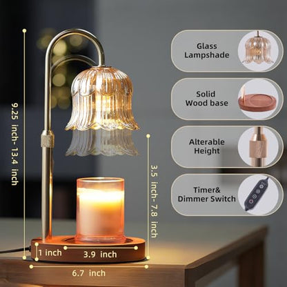 CRMILL Candle Warmer Lamp with Timer: Adjustable Dimmable Height Adjustable Warming - Flower Shape Wax Lamp Jar Candles No Flame Modern Home Decor Table Lights - Home Living Bedroom - color: Amber-electroplatedgoldplating