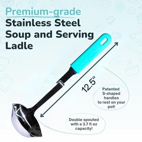 Souper Cubes Soup Ladle Stainless Steel with Silicone Grip & Pot Hook, Aqua | Durable Stainless Steel Ladle Hooks to Your Pot to Help Prevent Drips and Keep Counters and Stovetop Clean - color: Aqua, size: Ladle 1-Pack