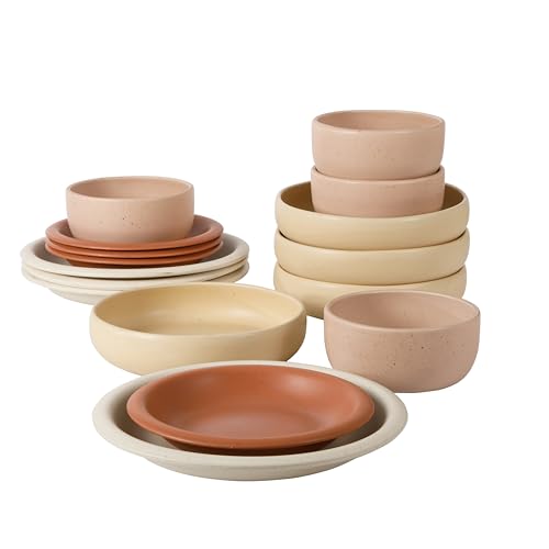 Corsica Clay Dinnerware Set - Stackable Colorful Boho Reactive Glaze Plates and Bowls Set -2 Time Oprah's Favorite Things Brand- 16 Piece (Service for 4)- Matte Assorted Pottery Colors - color: Assorted Colors, size: Service for 4 (16pcs)