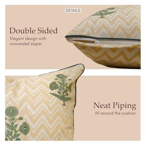 JBH Hand Block Print Reversible Throw Pillow Covers 18x18 Inch Set of 2 – Handmade (Green, Cream, 18x18 inch) - color: Green, Cream
