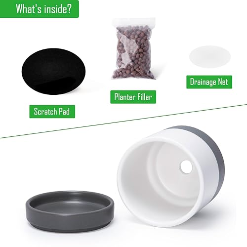 D'vine Dev 4-Pack Ceramic Pots with Saucers, White/Grey, 4.7 in, 94-X-B-6 | Glazed Ceramic, Drainage Hole and Saucer, Sleek Cylinder Shape, High Temperature Fired, Ideal for Small Houseplants - color: White/Speckled Grey, size: 4.7 Inch