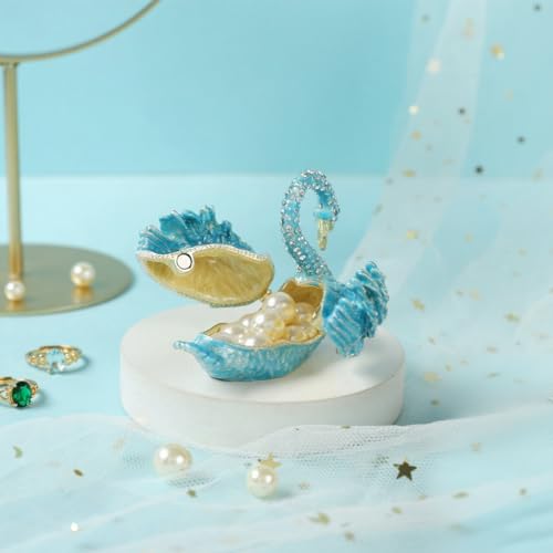 Skyblue Swan Trinket Boxes Hinged Enamel Small Jewelry Box Hand-Painted Collectible Swan Figurines Craft Gift for Women - color: Skyblue