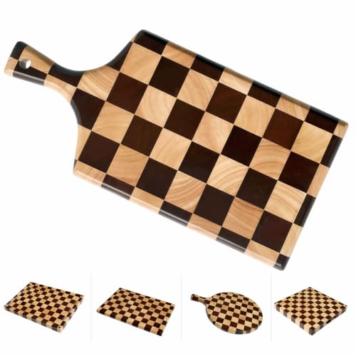 Checkered Wooden Cutting Board with Handle | 15" x 7" x 1" Thick | Acacia & Rubber Wood | Cheese & Charcuterie Serving Board | Meat, Bread, Fruit & Vegetable Prep - color: Checkered Paddle
