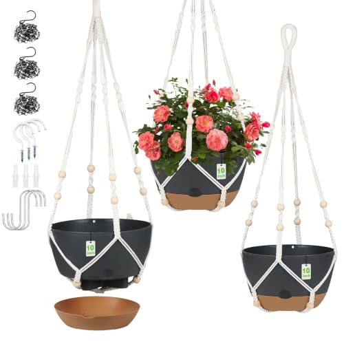 Hanging Planter for Indoor Plants, 3 Pack 10 Inch Self Watering Flower Pot with Macrame Plant Hanger, Metal Chain, S & Ceiling Hooks, Drainage Holes, Removable Saucer for Garden Outdoor Home - Black - color: Black