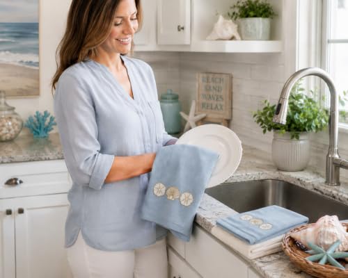 Coastal Kitchen Towels- Set of 3 Blue White 100% Cotton Embroidered Elegant Coastal Shells Gold Design - 16 x 26 Multipurpose Towels for Everyday Use - color: Coastal Shells Gold