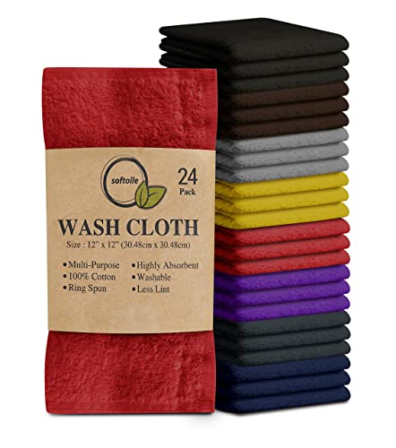 100% Cotton Washcloths 24 Pack (12x12 Inches) Soft, Highly Absorbent Washcloth, Face Towels, Wash Cloths for Face, Ring Spun, Bulk Pack (Assorted) - color: Assorted, size: 24 Pack