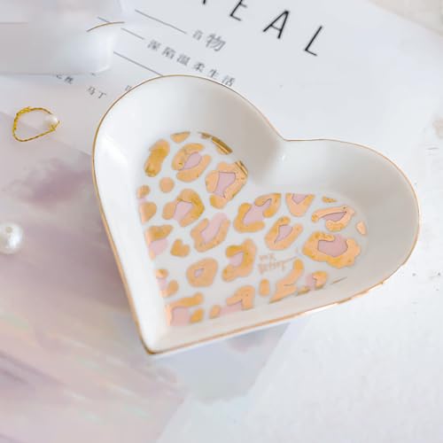 Heart Jewelry Dish Tray Wedding Ring Dish Ceramic Trinket Plate Trays Key Bowl Earring Dish Holder Small Dessert Tray Home Decor Dishs Jewelry Organizer Pink Leopard - color: Pink Leopard