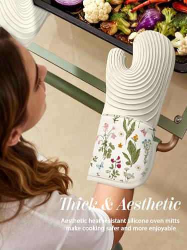 Slohif Long Silicone Oven Mitts Heat Resistant for Women - 2 Pcs Beige Floral 100% Cotton Oven Gloves, Non-Slip and Waterproof Silicone Oven Mitts with Hanger for Baking and Cooking - color: White Green