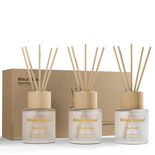 Reed Diffuser Set of 3, Binca Vidou Lavender, Eucalyptus & Sea Salt Natural Scent Oil Diffusers with Sticks for Home Office Bathroom Aromatherapy Decor 1.69oz x 3