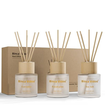 Reed Diffuser Set of 3, Binca Vidou Lavender, Eucalyptus & Sea Salt Natural Scent Oil Diffusers with Sticks for Home Office Bathroom Aromatherapy Decor 1.69oz x 3