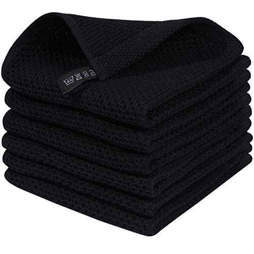 Homaxy 100% Cotton Waffle Weave Kitchen Dish Cloths 6-Pack, Black | 12 x 12 Inches, Ultra Soft Absorbent Dish Towels, Quick Drying Dish Rags with Hanging Loop - color: Black, size: 12 X 12 - 6 Pack