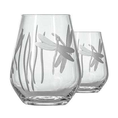 Rolf Glass Dragonfly Stemless Wine Glass 18oz - Tumbler Wine Glasses Set of 2 – Made in the USA - Etched Stemless Wine Glasses -(Set of 2) - color: Stemless 2 Set