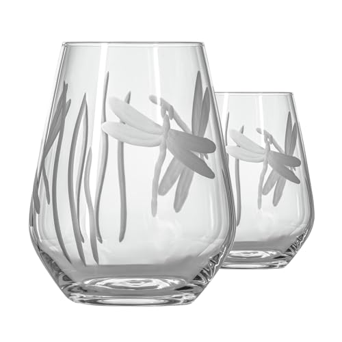 Rolf Glass Dragonfly Stemless Wine Glass 18oz - Tumbler Wine Glasses Set of 2 – Made in the USA - Etched Stemless Wine Glasses -(Set of 2) - color: Stemless 2 Set