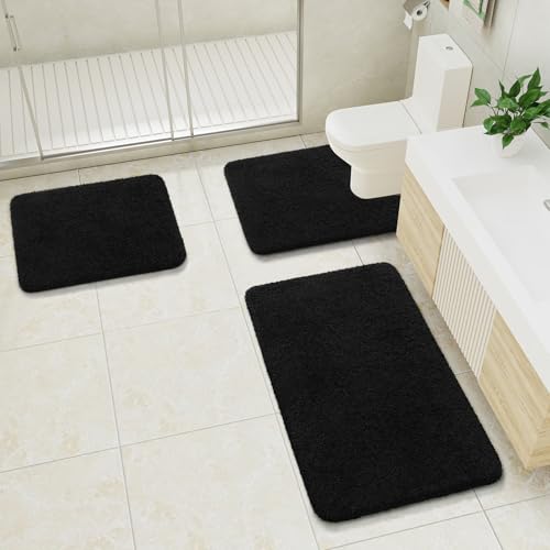 LOCHAS Bathroom Rugs Sets 3 Piece, Microfiber Bath Mat Set Non Slip, Black | Washable Absorbent Toilet Rug, Shaggy Soft Cozy Quick Dry - color: Black, size: 30" x 20" + 24" x 17" + U Shape 24" x 20"