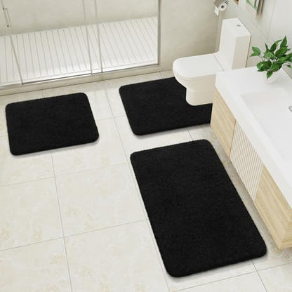 LOCHAS Bathroom Rugs Sets 3 Piece, Microfiber Bath Mat Set Non Slip, Black | Washable Absorbent Toilet Rug, Shaggy Soft Cozy Quick Dry - color: Black, size: 30" x 20" + 24" x 17" + U Shape 24" x 20"