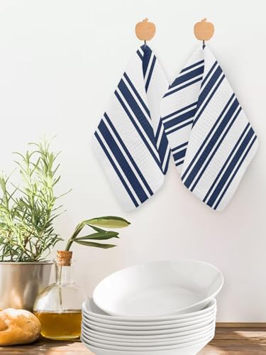 Navy Blue Striped Dish Towels Set, Waffle Weave Kitchen Towels 2 Pieces, Farmhouse Aesthetic Modern Stripes Microfiber Hair Face Bath Tea Towel Absorbent Quick Drying Cleaning Dish Cloths, 12"x12" - color: Navy, White, Blue, size: 2PCS,12"x12"