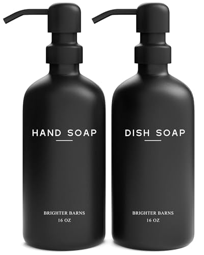 Black Glass Hand and Dish Soap Dispenser Set by Brighter Barns - Kitchen Soap Dispenser Set & Pump - Glass Bottles for Kitchen Sink - Modern Farmhouse Counter Decor, Neutral Home Decor, Gifts (Black) - color: Black Hd