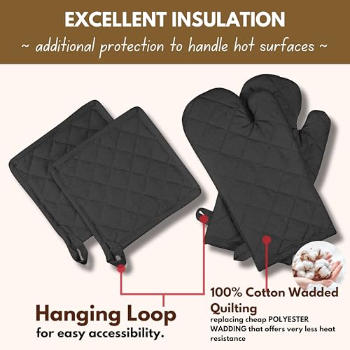 Native Fab Pot Holders and Oven Mitts Sets for Kitchen Heat Resistant - Hanging Non-Slip - 100% Cotton Kitchen Oven Mitts and Pot Holders 4-Piece Set - Black - color: Black