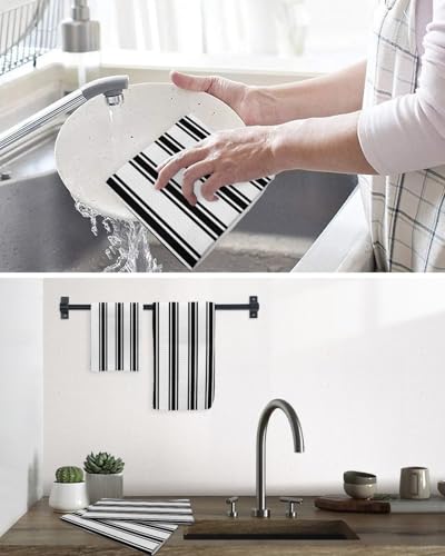 Black Striped Hand Towels Set, Waffle Weave Kitchen Towels 3 Pieces, Farmhouse Aesthetic Modern Stripes Microfiber Hair Face Bath Tea Towel Absorbent Quick Drying Cleaning Dish Cloths, 15.7"x23.6" - color: Black, White, Charcoal, size: 3PCS,15.7"x23.6"