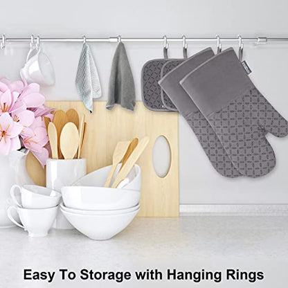 KEGOUU Oven Mitts and Pot Holders 6pcs Set, Kitchen Oven Glove High Heat Resistant 500 Degree Extra Long Oven Mitts and Potholder with Non-Slip Silicone Surface for Cooking (Grey) - color: Gray