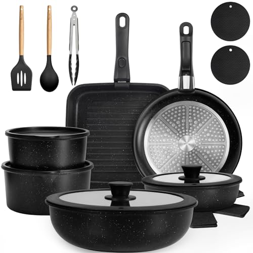 22 Pack Nonstick Pots and Pans Set, KIKCOIN Cookware Set with Detachable Handle, Kitchen Cooking Pans Set with Frying Pan, Grill Pan - Stackable for RV Kitchen, Induction Ready, Dishwasher/Oven Safe - color: Black, size: 22 Pack