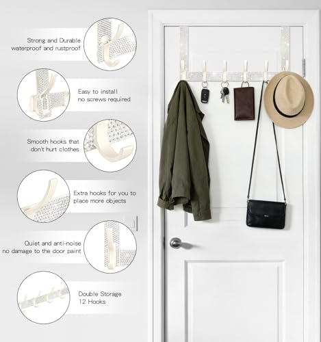 White Bling Over The Door Hooks,Rhinestone Door Clothes Hanger,Over The Door Towel Rack for Bathroom, Bedroom，Kitchen，Hanging Towels, Coats,Hat,Handbag（6 Hooks White）