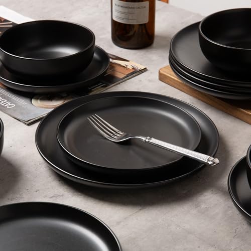 12-Piece Stoneware Dinnerware Set with Mugs | Microwave and Dishwasher Friendly | Stackable Matte Glaze Plates & Bowls | Service for 3 (Black for 4) - color: Black for 4