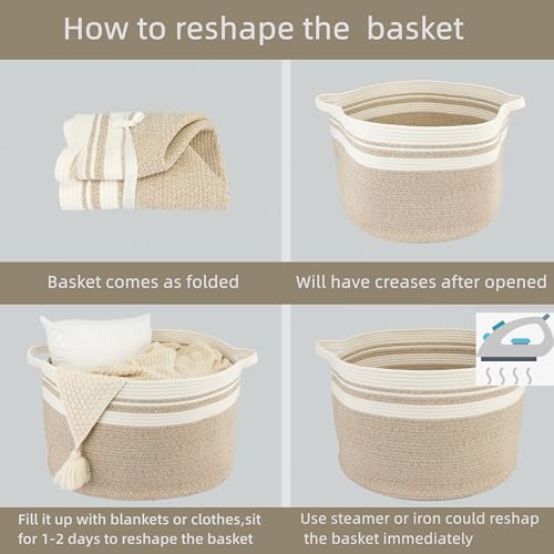 XUANGUO Extra Large Cotton Rope Round Storage Basket 22" x 14" | Woven basket for blankets, toys, towels, laundry, nursery, living room and pet toy storage. - color: white and brown