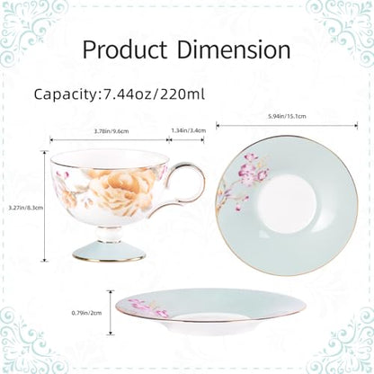KAMMAK Tea Cups Set of 2,Ceramic Floral Pattern Demitasse Cup | Porcelain Espresso Cup with Saucer, 7.44 oz Handmade Elegant Bone China Tea Cups for Latte, Americano, Cappuccino - color: Spring Fragrance