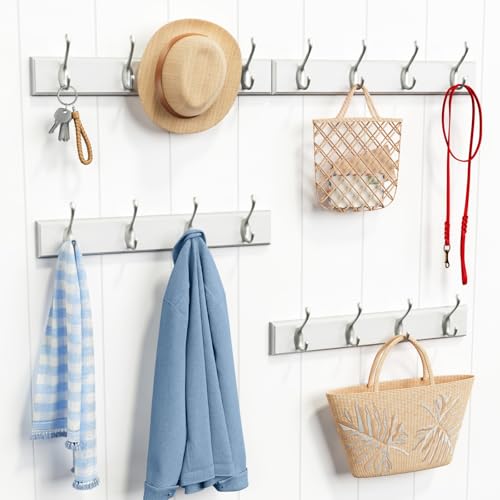 Forbena White Coat Rack Wall Mount 4-Pack, Coat Hanger Wall Mounted for Hanging Clothes Purse, Modern Key Holder Hooks for Closet Hat, Belt, Bag, Backpack, Leash (White and Silver - 16 Hooks) - color: Metal White Hooks and White